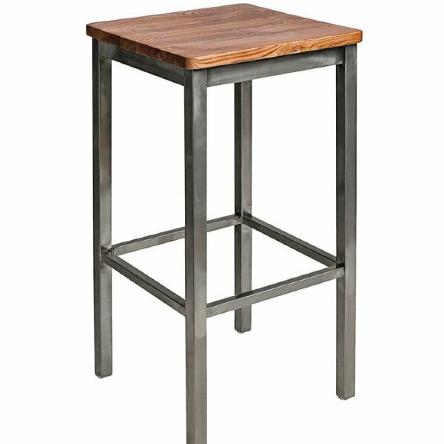 Restaurant Bar Stools * | Hot Sale Bfm Seating 2510Bash-Cl Trent Sand Clear Coated Steel Bar Stool With Autumn Ash Wooden Seat