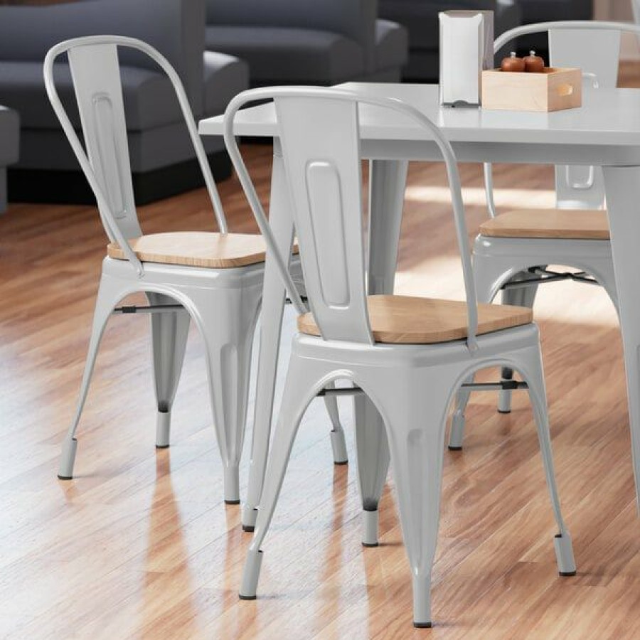 Restaurant Chairs * | Discount Lt&S Alloy Series Lancaster Table & Seating Alloy Series Silver Metal Indoor Industrial Cafe Chair With Vertical Slat Back And Natural Wood Seat