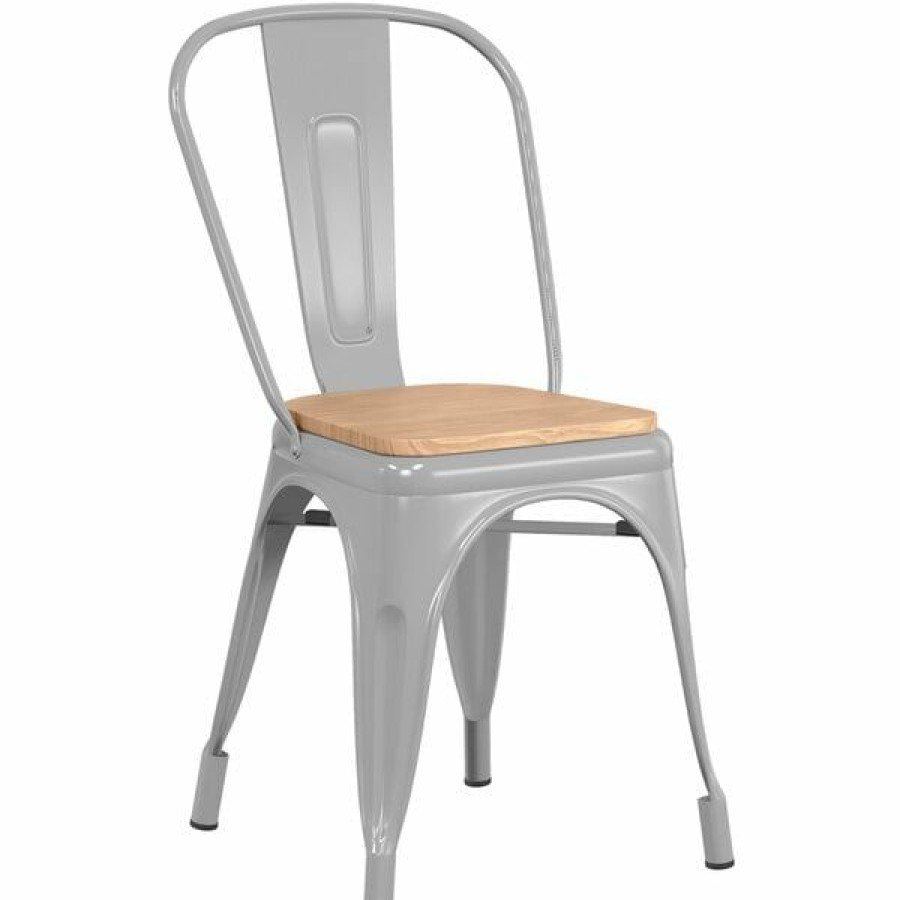 Restaurant Chairs * | Discount Lt&S Alloy Series Lancaster Table & Seating Alloy Series Silver Metal Indoor Industrial Cafe Chair With Vertical Slat Back And Natural Wood Seat