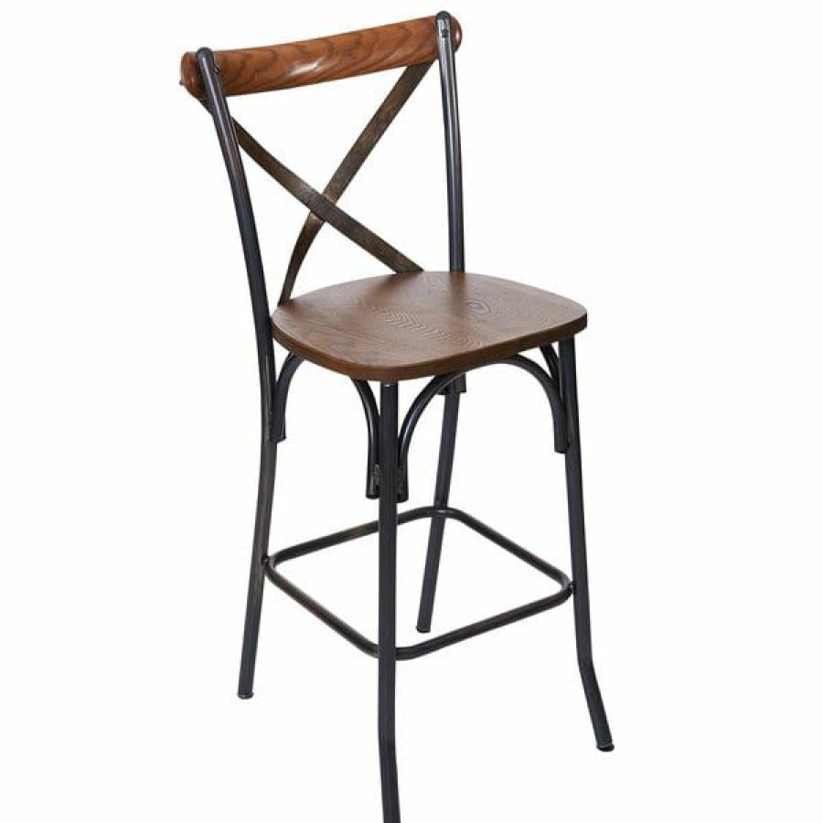 Restaurant Bar Stools * | New Bfm Seating Js88Hash-Aaru Henry Distressed Rustic Clear Coated Steel X-Back Counter Height Stool With Autumn Ash Wooden Back And Seat