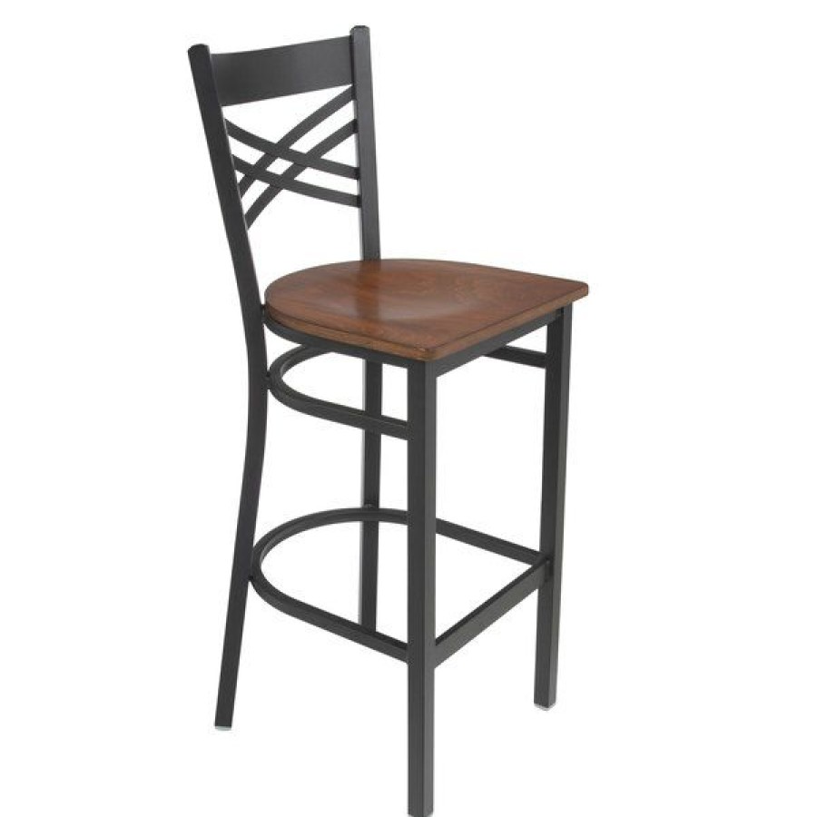 Restaurant Bar Stools * | Discount Lancaster Table & Seating Black Cross Back Bar Height Chair With Antique Walnut Seat