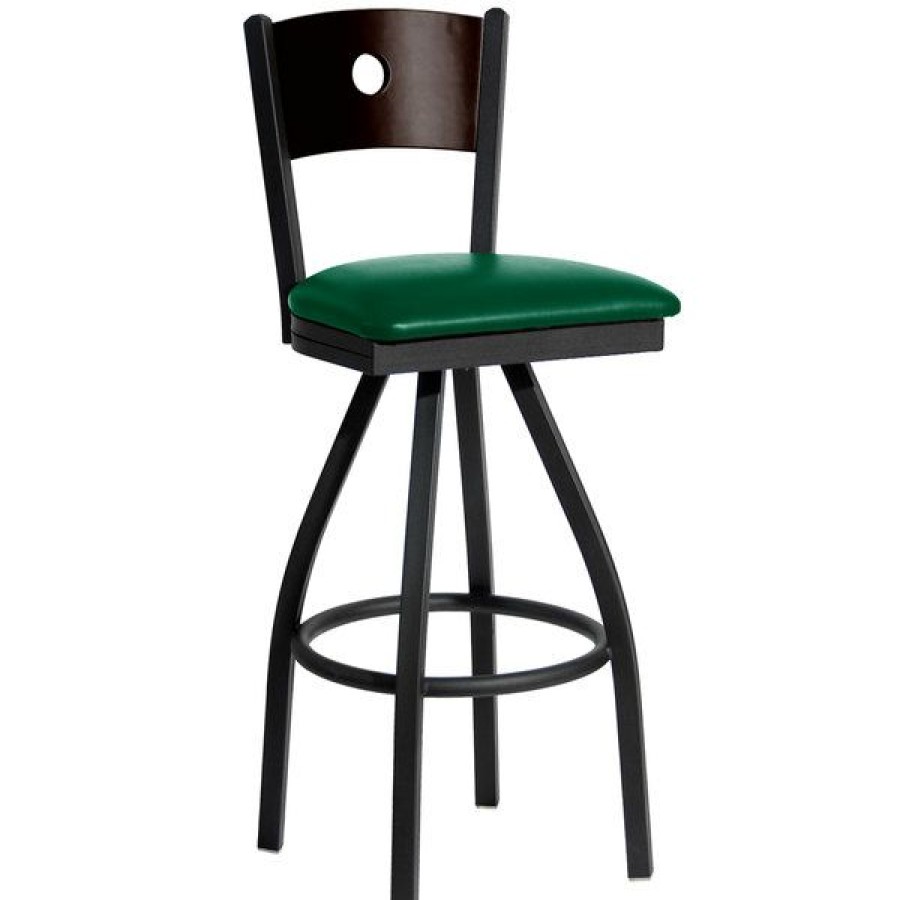 Restaurant Bar Stools * | Best Pirce Bfm Seating 2152Sgnv-Wasb Darby Sand Black Metal Bar Height Chair With Walnut Wooden Back And 2 Green Vinyl Swivel Seat