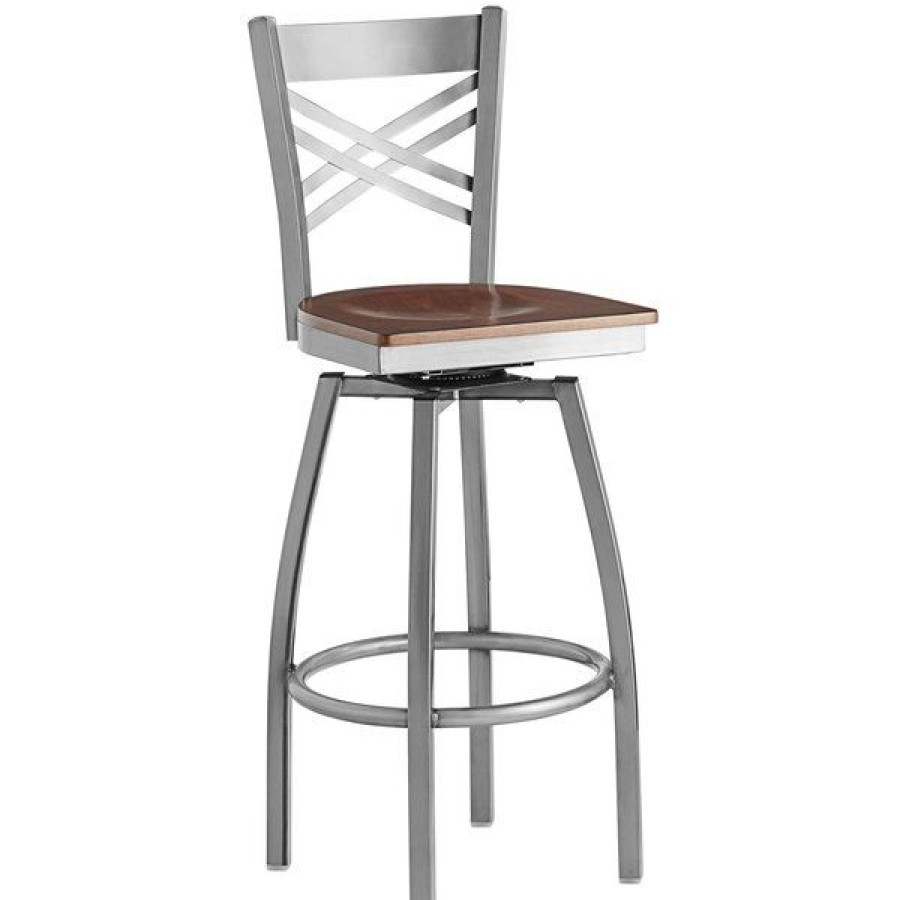 Restaurant Bar Stools * | Top 10 Lancaster Table & Seating Cross Back Bar Height Clear Coat Swivel Chair With Antique Walnut Seat