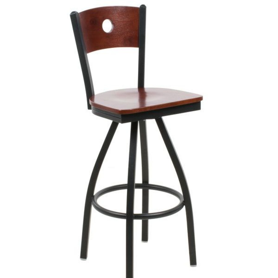 Restaurant Bar Stools * | Deals Bfm Seating 2152Smhw-Mhsb Darby Sand Black Metal Bar Height Chair With Mahogany Wooden Back And Swivel Seat