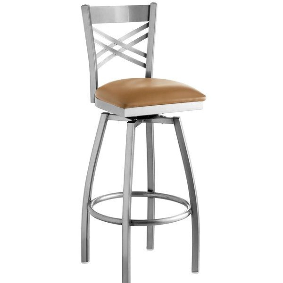 Restaurant Bar Stools * | Budget Lancaster Table & Seating Clear Coat Steel Cross Back Bar Height Swivel Chair With 2 1/2 Light Brown Vinyl Seat