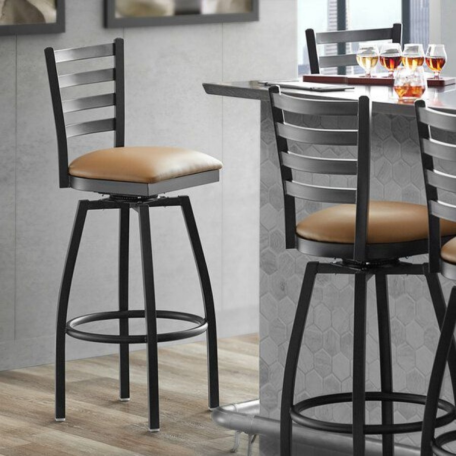 Restaurant Bar Stools * | Best Reviews Of Lancaster Table & Seating Black Top Frame Ladder Back Swivel Bar Height Chair With Light Brown Padded Seat