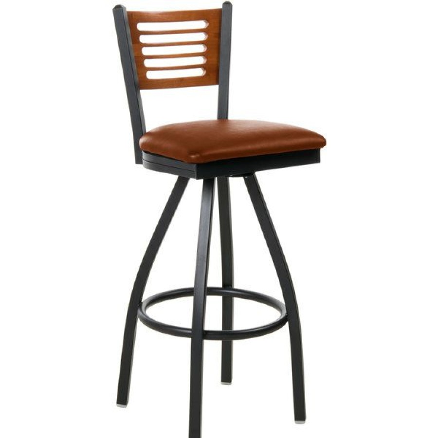 Restaurant Bar Stools * | Best Deal Bfm Seating 2151Slbv-Chsb Espy Sand Black Metal Bar Height Chair With Cherry Wooden Back And 2 Light Brown Vinyl Swivel Seat