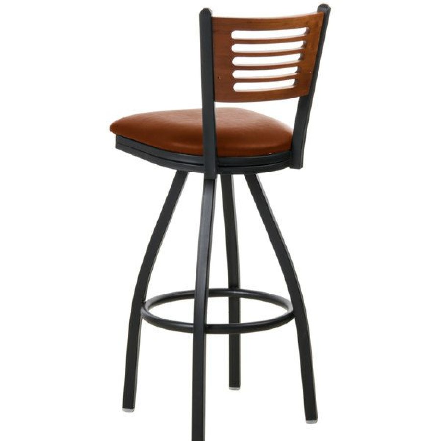 Restaurant Bar Stools * | Best Deal Bfm Seating 2151Slbv-Chsb Espy Sand Black Metal Bar Height Chair With Cherry Wooden Back And 2 Light Brown Vinyl Swivel Seat