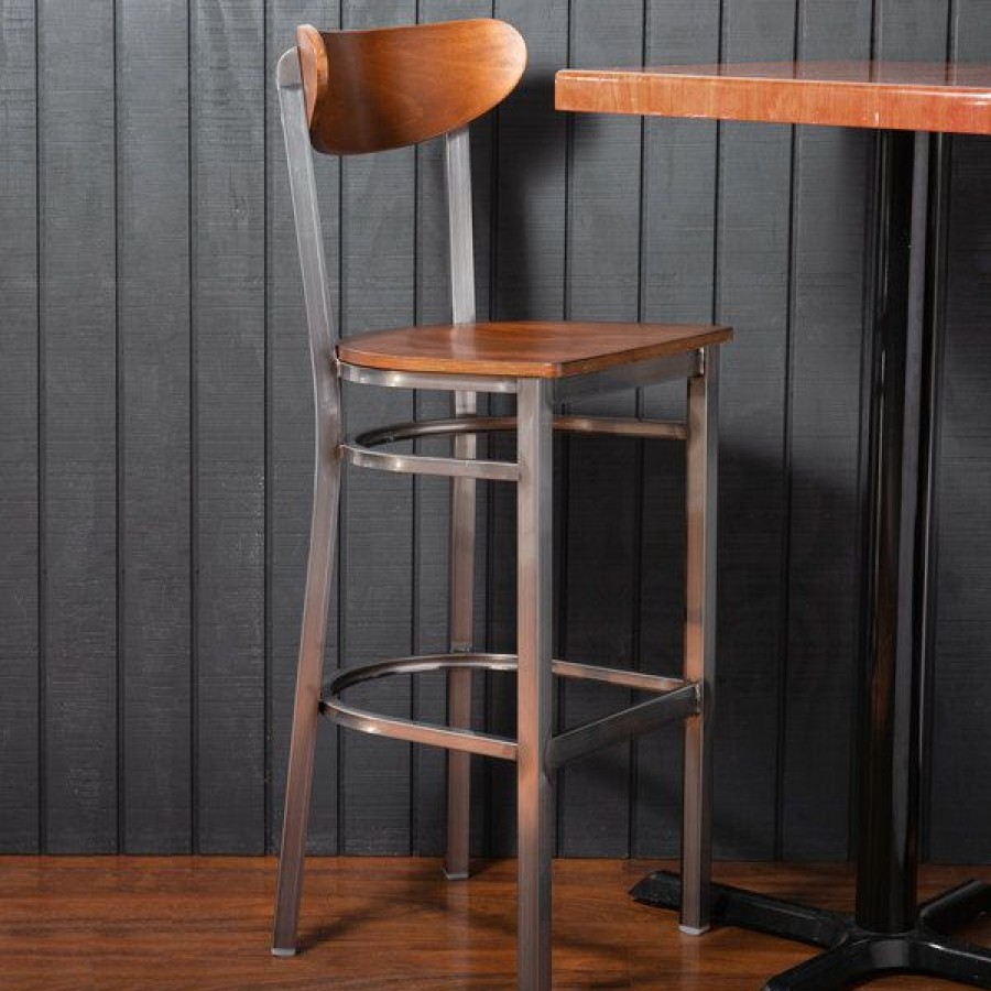 Restaurant Bar Stools * | Deals Lt&S Boomerang Series Lancaster Table & Seating Boomerang Bar Height Clear Coat Chair With Antique Walnut Seat And Back