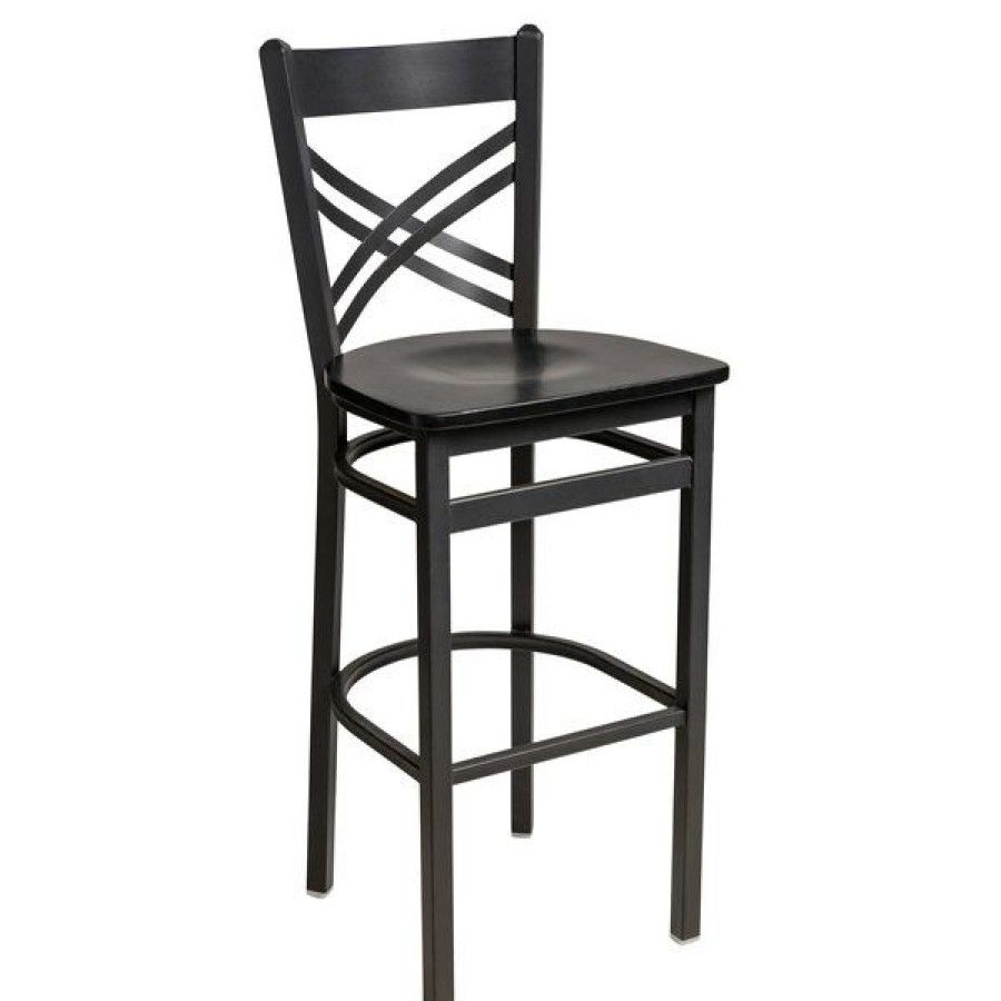 Restaurant Bar Stools * | Top 10 Bfm Seating 2130Bblw-Sb Akrin Sand Black Steel Bar Height Chair With Cross Steel Back And Black Wooden Seat