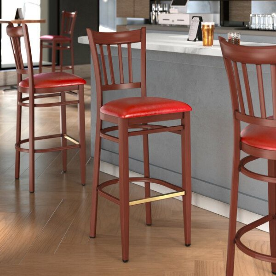 Restaurant Bar Stools * | Promo Lt&S Spartan Series Lancaster Table & Seating Spartan Series Bar Height Metal Slat Back Chair With Mahogany Wood Grain Finish And Red Vinyl Seat