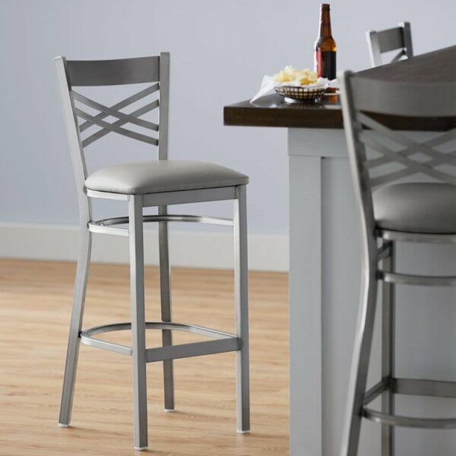 Restaurant Bar Stools * | Promo Lancaster Table & Seating Clear Coat Cross Back Bar Height Chair With Light Gray Padded Seat