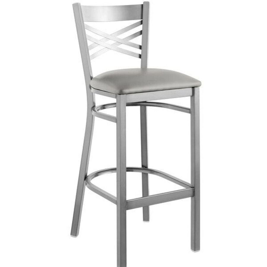 Restaurant Bar Stools * | Promo Lancaster Table & Seating Clear Coat Cross Back Bar Height Chair With Light Gray Padded Seat