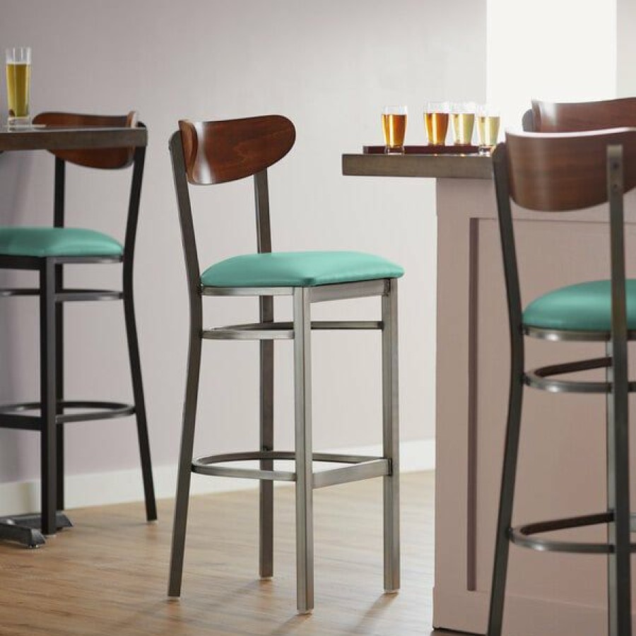 Restaurant Bar Stools * | Best Sale Lt&S Boomerang Series Lancaster Table & Seating Boomerang Bar Height Clear Coat Chair With Seafoam Vinyl Seat And Antique Walnut Back