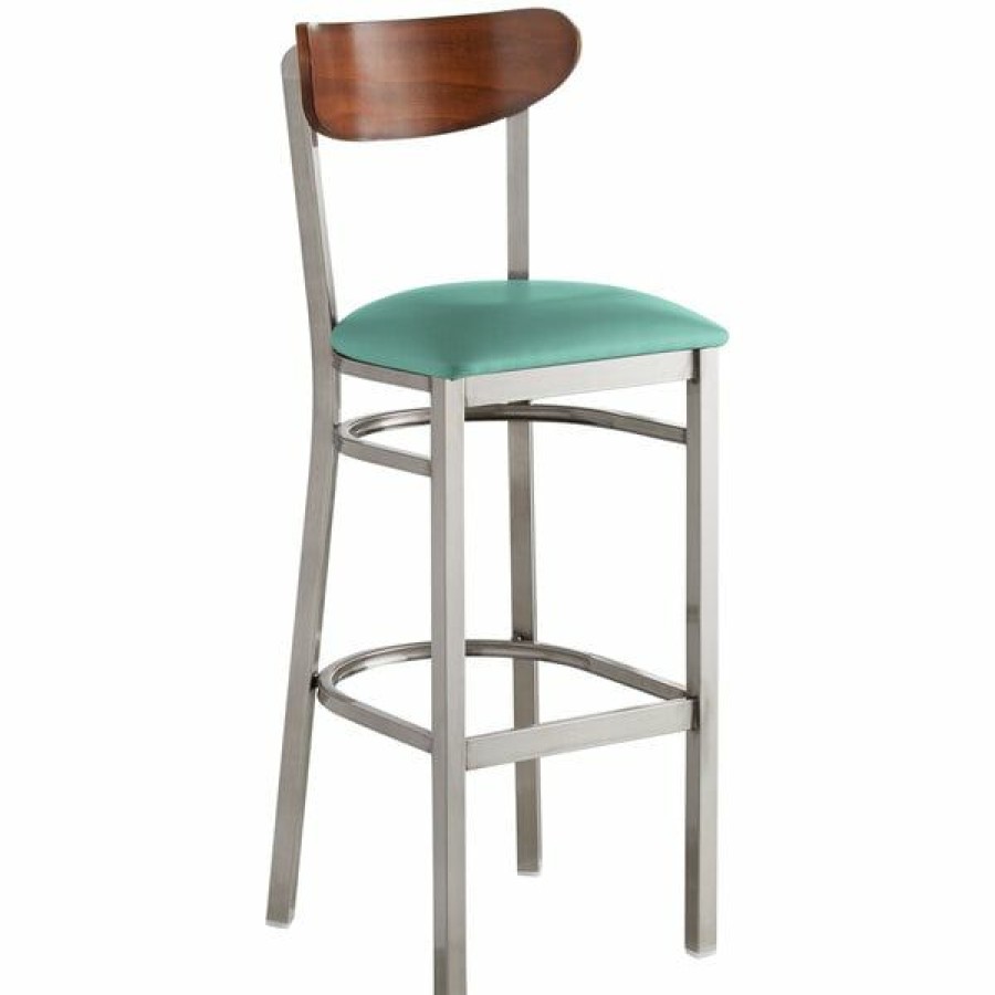 Restaurant Bar Stools * | Best Sale Lt&S Boomerang Series Lancaster Table & Seating Boomerang Bar Height Clear Coat Chair With Seafoam Vinyl Seat And Antique Walnut Back