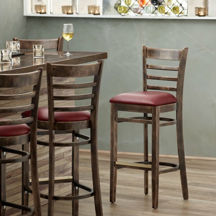 Restaurant Bar Stools * | Budget Lancaster Table & Seating Vintage Ladder Back Bar Height Chair With Burgundy Padded Seat