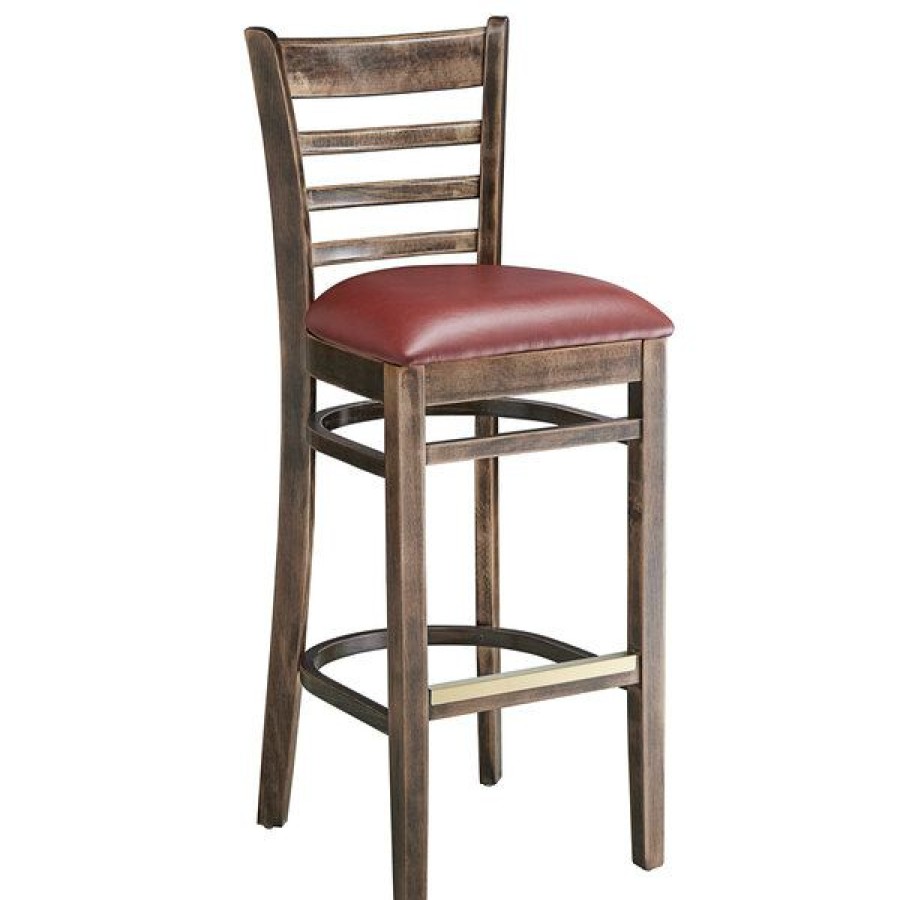 Restaurant Bar Stools * | Budget Lancaster Table & Seating Vintage Ladder Back Bar Height Chair With Burgundy Padded Seat