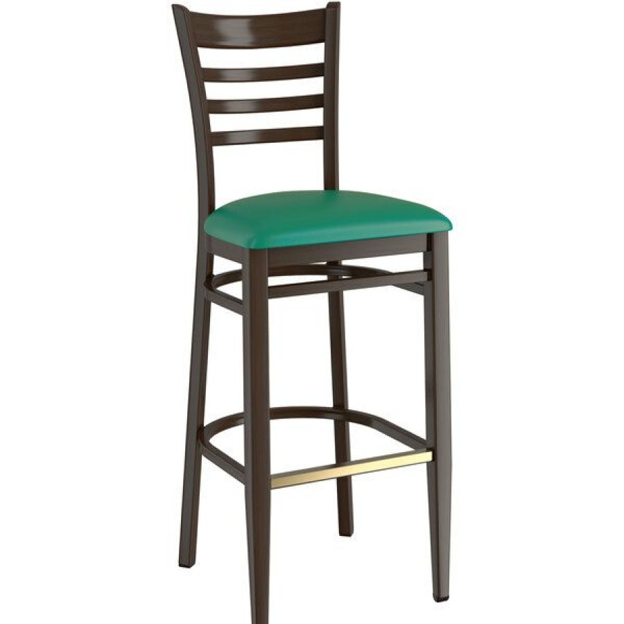 Restaurant Bar Stools * | Buy Lt&S Spartan Series Lancaster Table & Seating Spartan Series Bar Height Metal Ladder Back Chair With Walnut Wood Grain Finish And Green Vinyl Seat