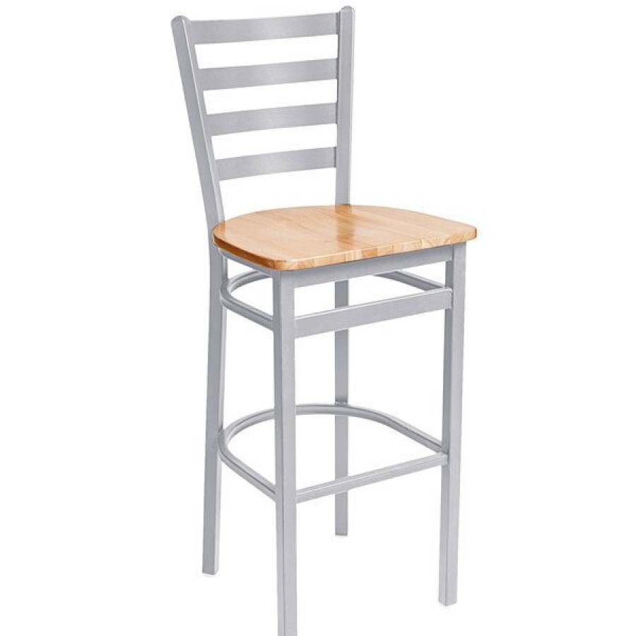 Restaurant Bar Stools * | Discount Bfm Seating 2160Bntw-Sm Lima Silver Mist Steel Bar Height Chair With Natural Wooden Seat