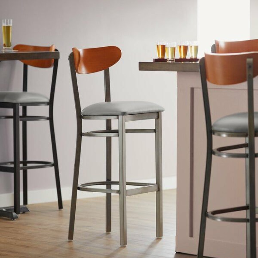 Restaurant Bar Stools * | Promo Lt&S Boomerang Series Lancaster Table & Seating Boomerang Bar Height Clear Coat Chair With Light Gray Vinyl Seat And Cherry Back