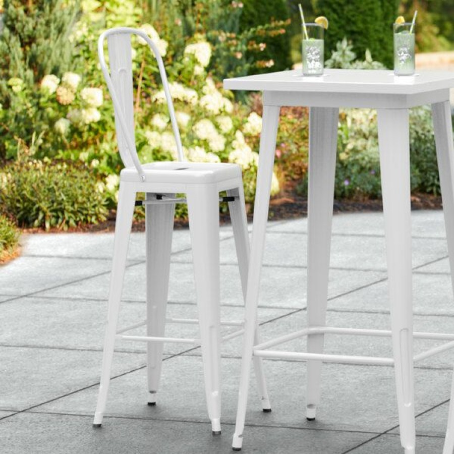 Outdoor Restaurant Bar Stools * | Top 10 Lt&S Alloy Series Lancaster Table & Seating Alloy Series White Metal Indoor / Outdoor Industrial Cafe Barstool With Vertical Slat Back And Drain Hole Seat