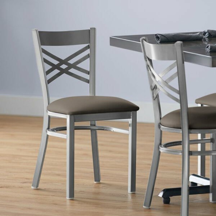 Restaurant Chairs * | Brand New Lancaster Table & Seating Clear Coat Cross Back Chair With Taupe Padded Seat