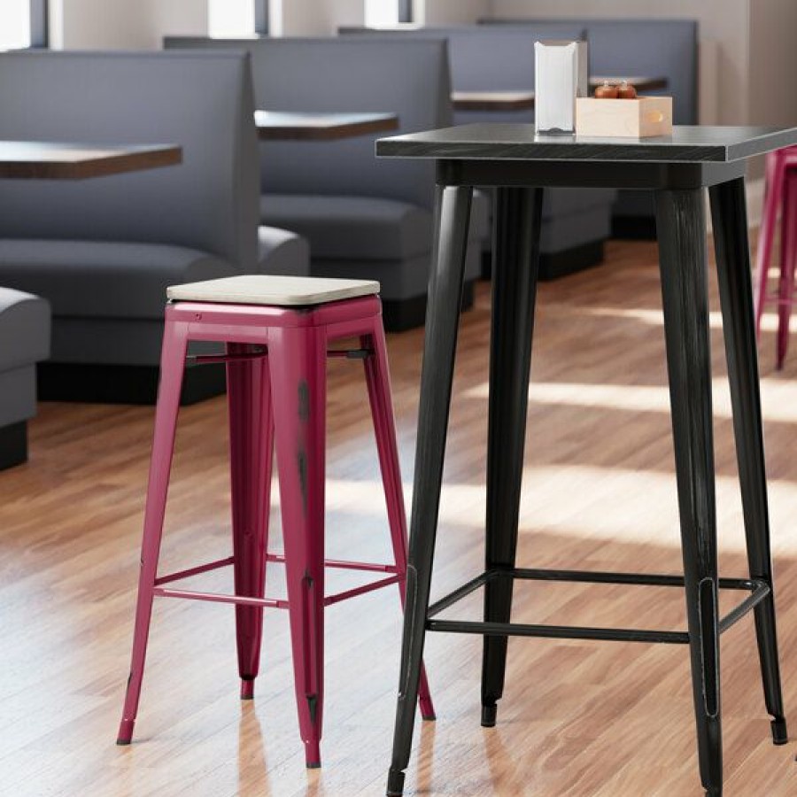 Restaurant Bar Stools * | Outlet Lt&S Alloy Series Lancaster Table & Seating Alloy Series Distressed Sangria Stackable Metal Indoor Industrial Barstool With Gray Wood Seat