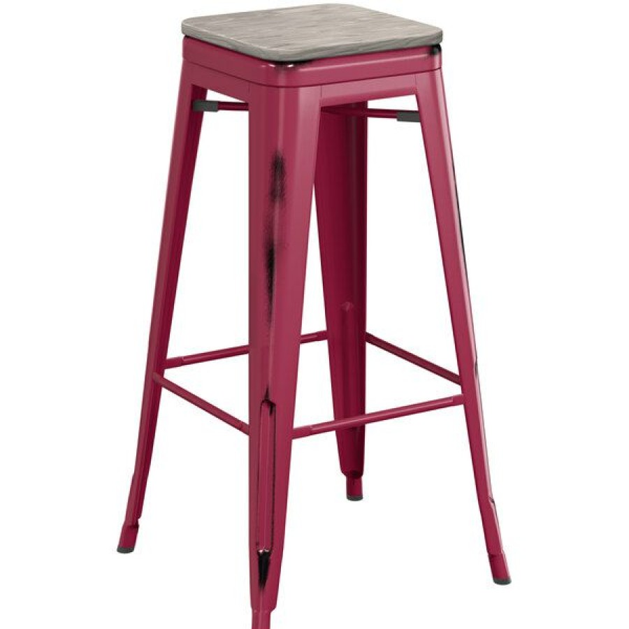 Restaurant Bar Stools * | Outlet Lt&S Alloy Series Lancaster Table & Seating Alloy Series Distressed Sangria Stackable Metal Indoor Industrial Barstool With Gray Wood Seat