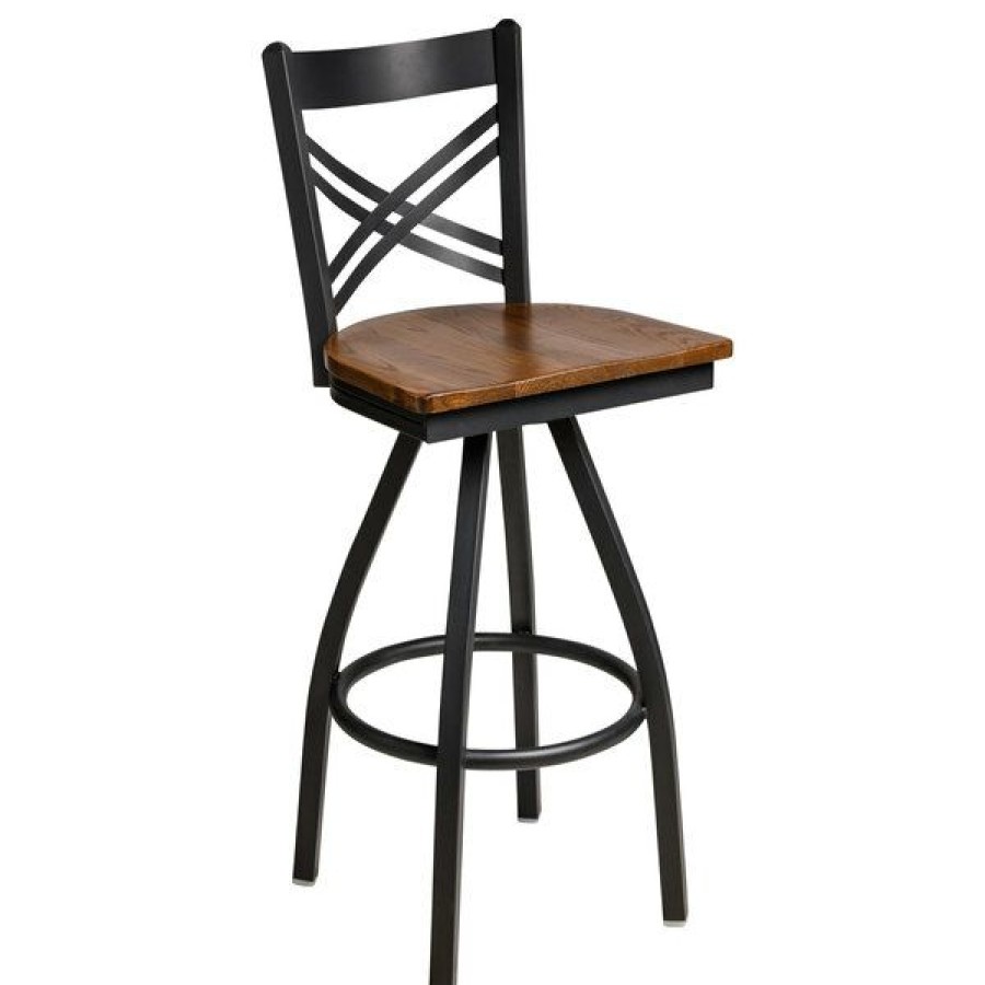 Restaurant Bar Stools * | Budget Bfm Seating 2130Sash-Sb Akrin Sand Black Steel Bar Height Swivel Chair With Cross Steel Back And Autumn Ash Wooden Seat