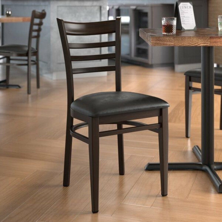 Restaurant Chairs * | Best Deal Lt&S Spartan Series Lancaster Table & Seating Spartan Series Metal Ladder Back Chair With Walnut Wood Grain Finish And Black Vinyl Seat