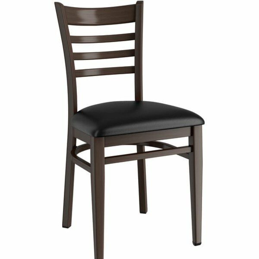 Restaurant Chairs * | Best Deal Lt&S Spartan Series Lancaster Table & Seating Spartan Series Metal Ladder Back Chair With Walnut Wood Grain Finish And Black Vinyl Seat