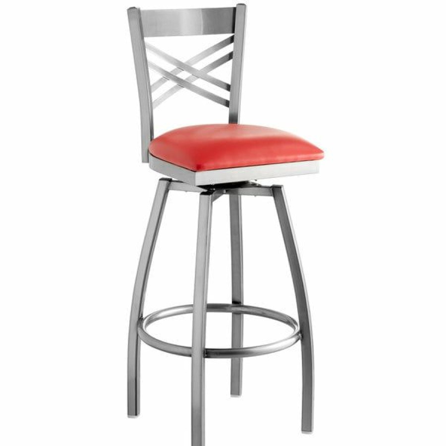 Restaurant Bar Stools * | Brand New Lancaster Table & Seating Clear Coat Steel Cross Back Bar Height Swivel Chair With 2 1/2 Red Vinyl Seat