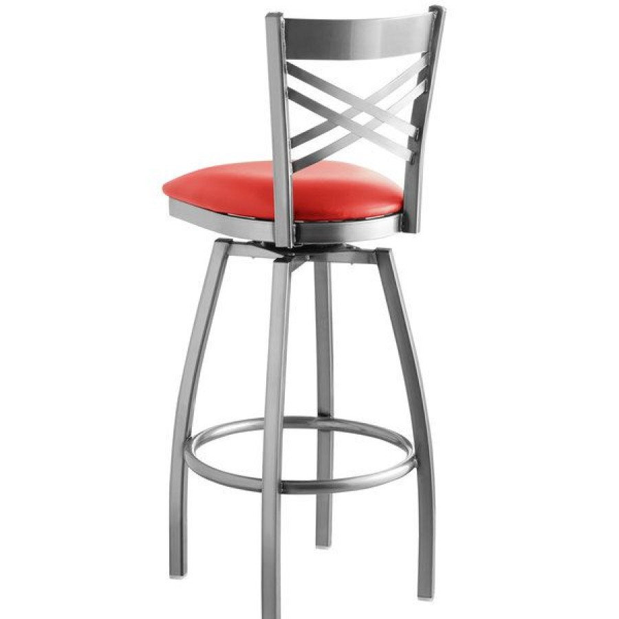 Restaurant Bar Stools * | Brand New Lancaster Table & Seating Clear Coat Steel Cross Back Bar Height Swivel Chair With 2 1/2 Red Vinyl Seat