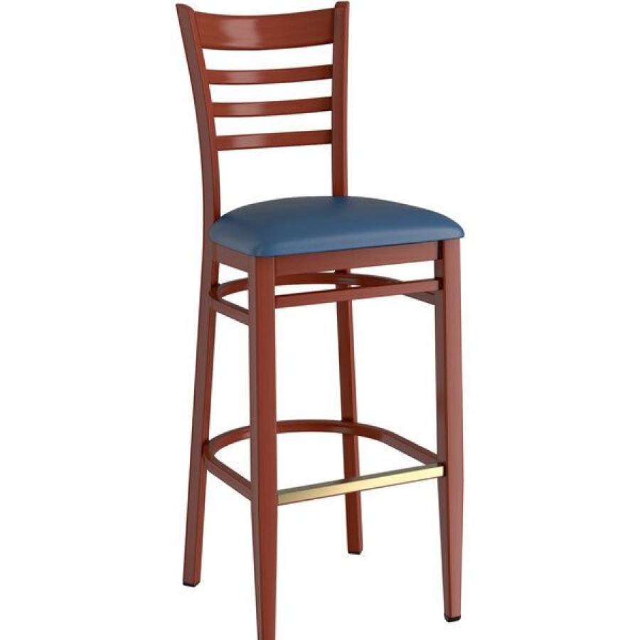 Restaurant Bar Stools * | Coupon Lt&S Spartan Series Lancaster Table & Seating Spartan Series Bar Height Metal Ladder Back Chair With Mahogany Wood Grain Finish And Navy Vinyl Seat