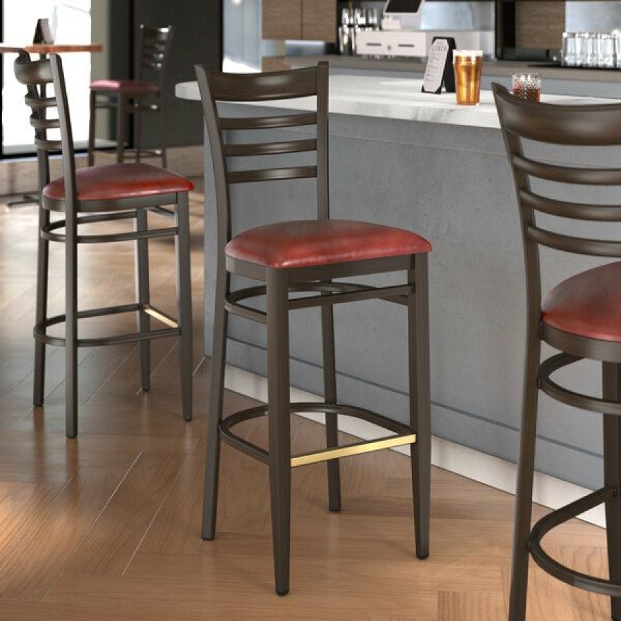 Restaurant Bar Stools * | Hot Sale Lt&S Spartan Series Lancaster Table & Seating Spartan Series Bar Height Metal Ladder Back Chair With Walnut Wood Grain Finish And Burgundy Vinyl Seat