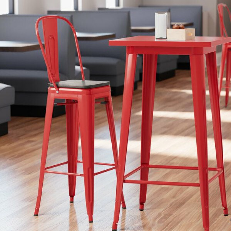 Restaurant Bar Stools * | Buy Lt&S Alloy Series Lancaster Table & Seating Alloy Series Red Metal Indoor Industrial Cafe Bar Height Stool With Vertical Slat Back And Black Wood Seat