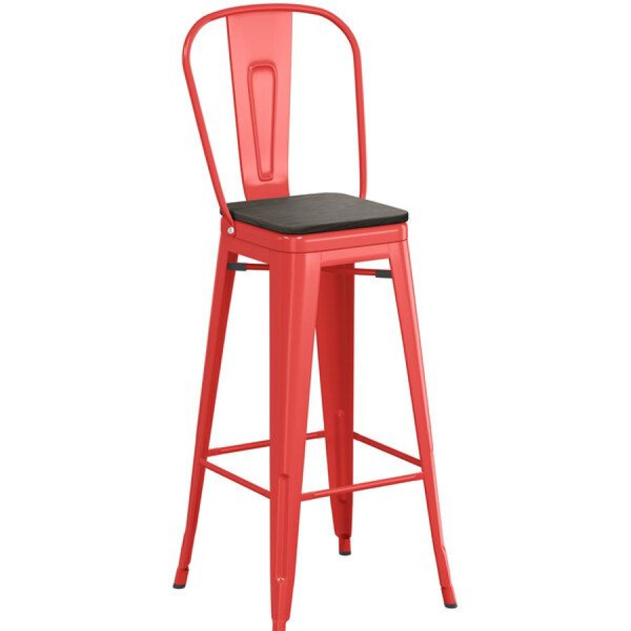 Restaurant Bar Stools * | Buy Lt&S Alloy Series Lancaster Table & Seating Alloy Series Red Metal Indoor Industrial Cafe Bar Height Stool With Vertical Slat Back And Black Wood Seat