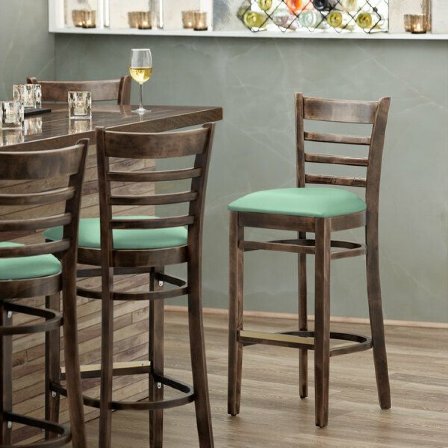 Restaurant Bar Stools * | Hot Sale Lancaster Table & Seating Vintage Finish Wooden Ladder Back Bar Height Chair With Seafoam Padded Seat