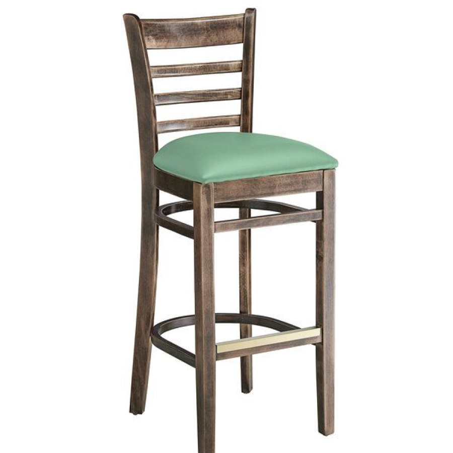 Restaurant Bar Stools * | Hot Sale Lancaster Table & Seating Vintage Finish Wooden Ladder Back Bar Height Chair With Seafoam Padded Seat