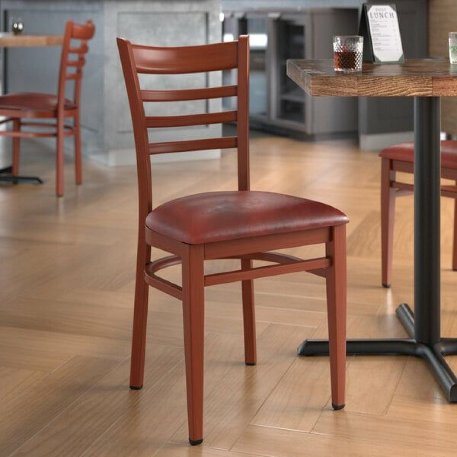 Restaurant Chairs * | Promo Lt&S Spartan Series Lancaster Table & Seating Spartan Series Metal Ladder Back Chair With Mahogany Wood Grain Finish And Burgundy Vinyl Seat