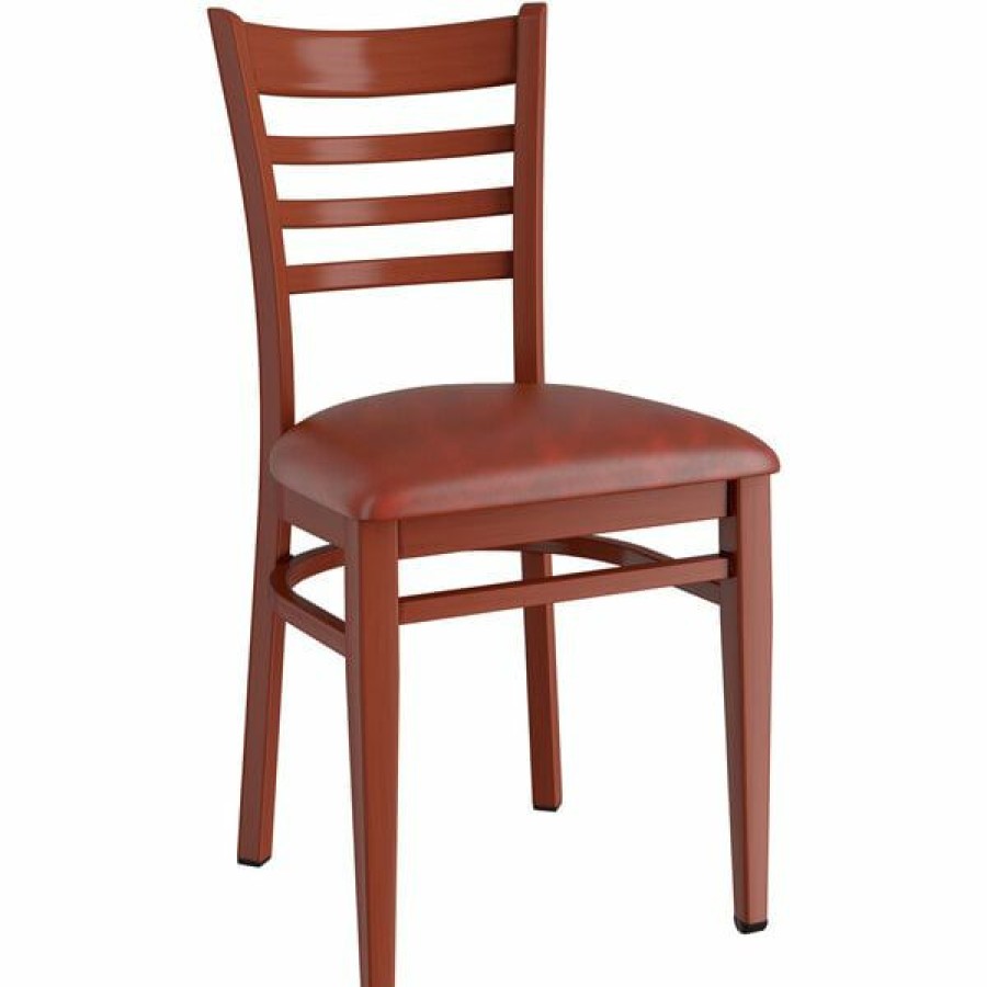 Restaurant Chairs * | Promo Lt&S Spartan Series Lancaster Table & Seating Spartan Series Metal Ladder Back Chair With Mahogany Wood Grain Finish And Burgundy Vinyl Seat