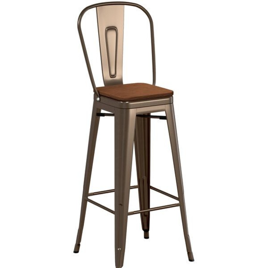 Restaurant Bar Stools * | Cheapest Lt&S Alloy Series Lancaster Table & Seating Alloy Series Copper Metal Indoor Industrial Cafe Bar Height Stool With Vertical Slat Back And Walnut Wood Seat