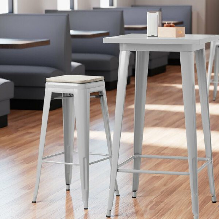 Restaurant Bar Stools * | Coupon Lt&S Alloy Series Lancaster Table & Seating Alloy Series Silver Stackable Metal Indoor Industrial Barstool With Gray Wood Seat