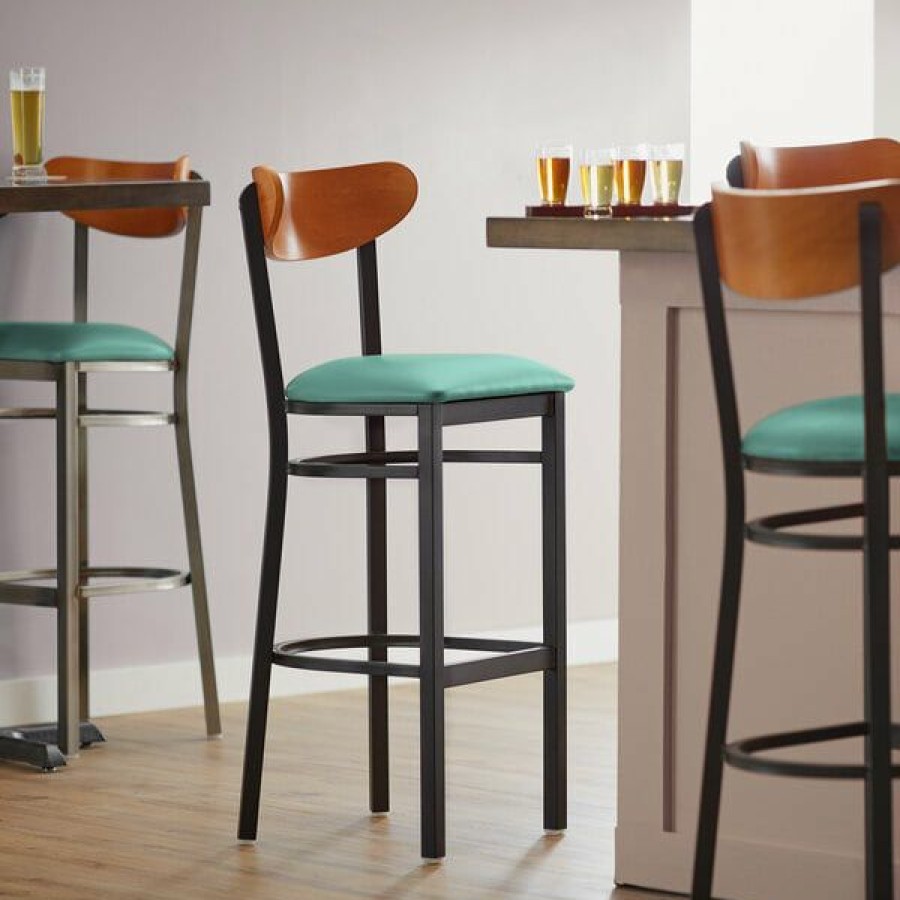 Restaurant Bar Stools * | Top 10 Lt&S Boomerang Series Lancaster Table & Seating Boomerang Bar Height Black Chair With Seafoam Vinyl Seat And Cherry Back