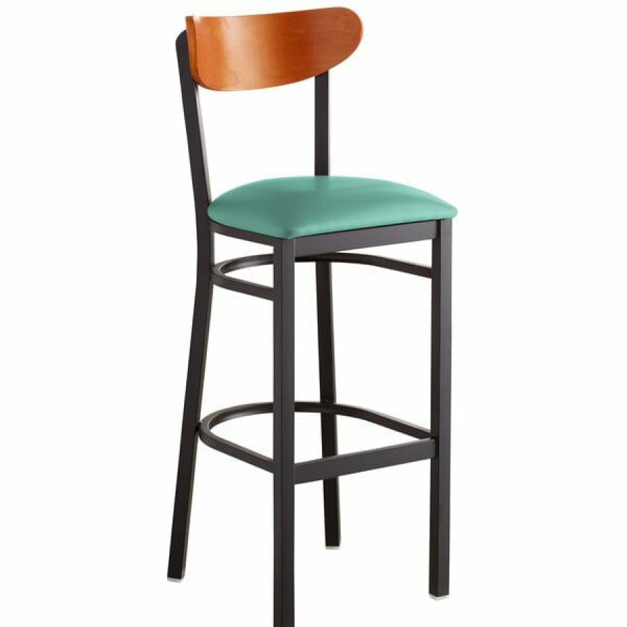 Restaurant Bar Stools * | Top 10 Lt&S Boomerang Series Lancaster Table & Seating Boomerang Bar Height Black Chair With Seafoam Vinyl Seat And Cherry Back