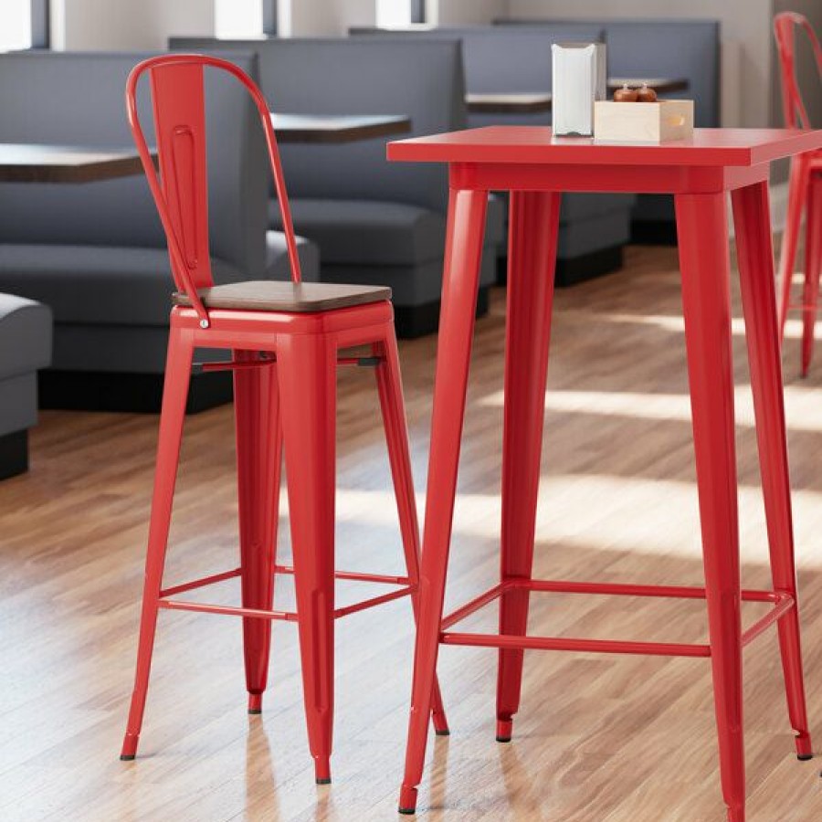 Restaurant Bar Stools * | Brand New Lt&S Alloy Series Lancaster Table & Seating Alloy Series Red Metal Indoor Industrial Cafe Bar Height Stool With Vertical Slat Back And Walnut Wood Seat