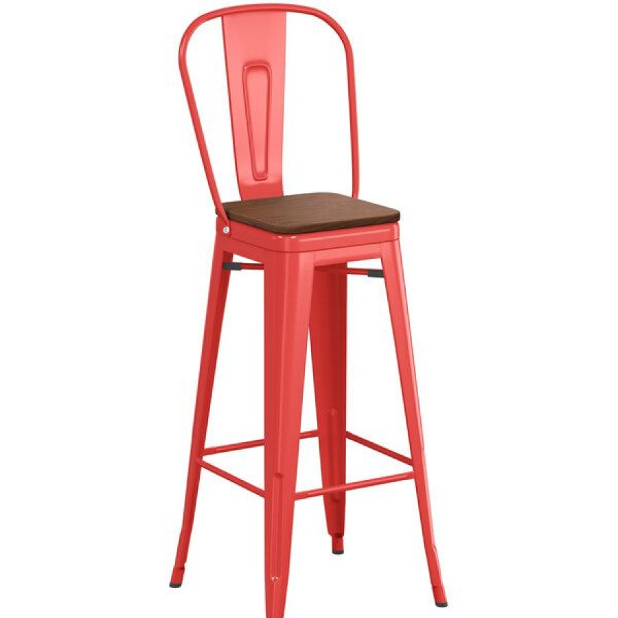 Restaurant Bar Stools * | Brand New Lt&S Alloy Series Lancaster Table & Seating Alloy Series Red Metal Indoor Industrial Cafe Bar Height Stool With Vertical Slat Back And Walnut Wood Seat