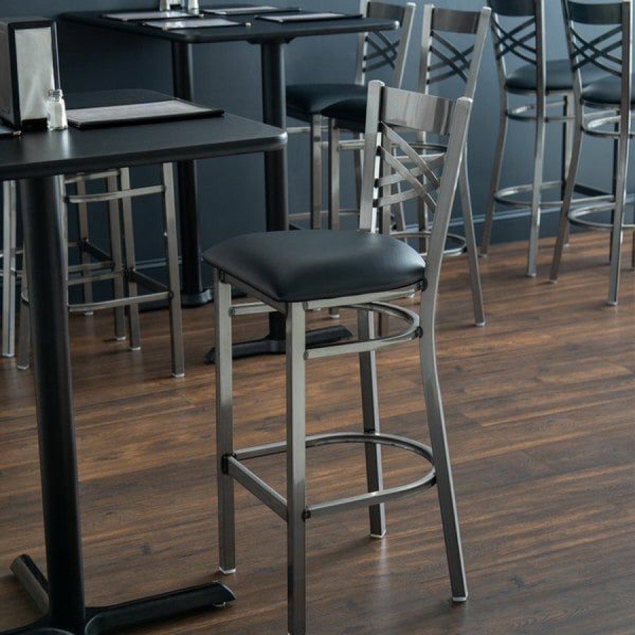 Restaurant Bar Stools * | Hot Sale Lancaster Table & Seating Clear Coat Steel Cross Back Bar Height Chair With 2 1/2 Black Padded Seat