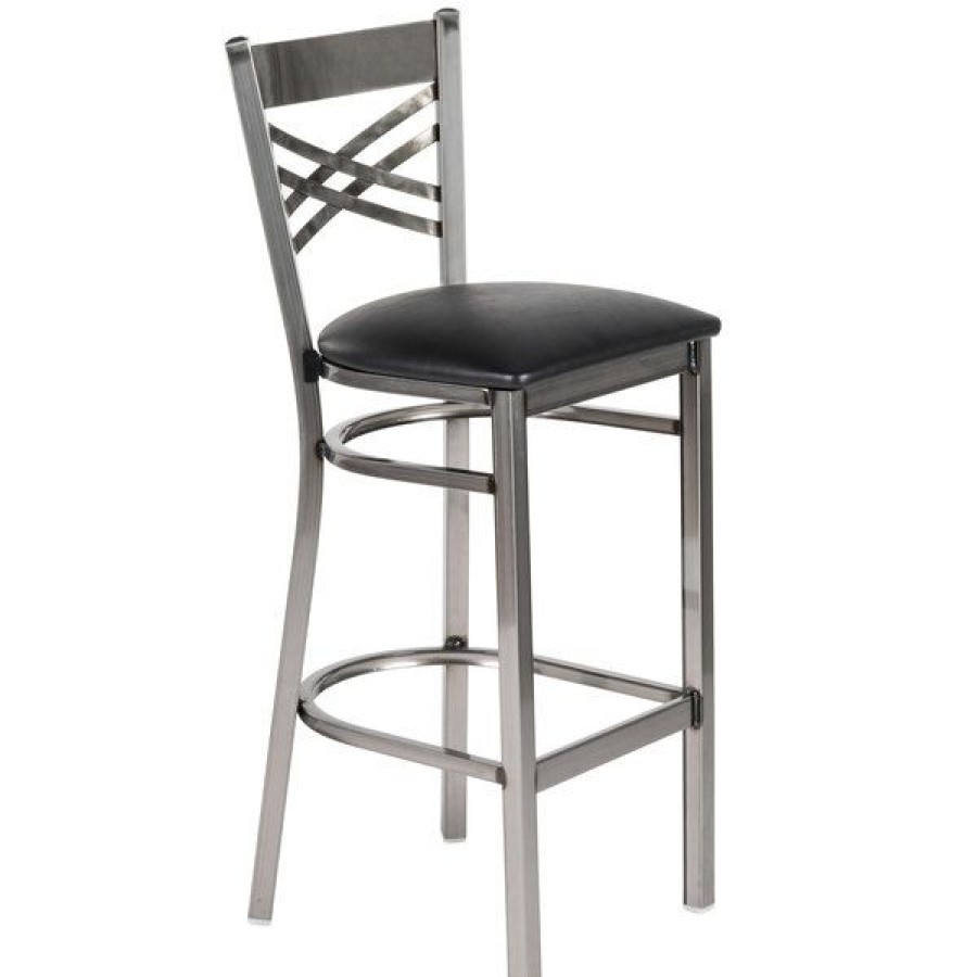 Restaurant Bar Stools * | Hot Sale Lancaster Table & Seating Clear Coat Steel Cross Back Bar Height Chair With 2 1/2 Black Padded Seat