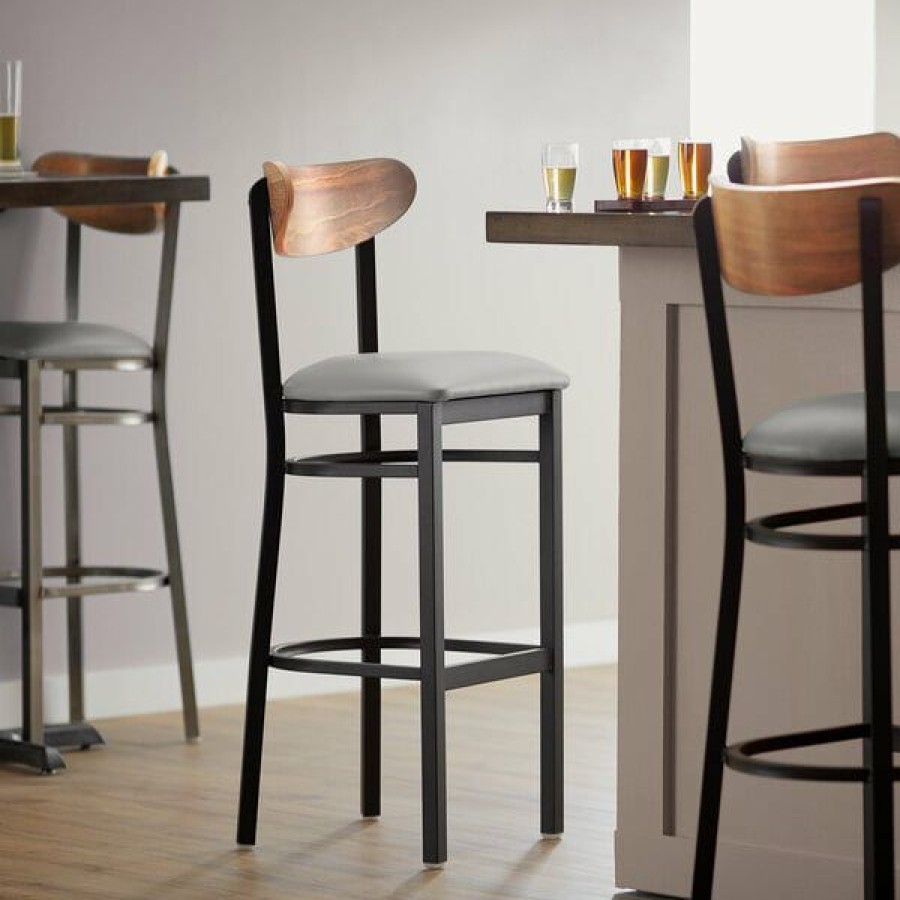 Restaurant Bar Stools * | Deals Lt&S Boomerang Series Lancaster Table & Seating Boomerang Bar Height Black Chair With Light Gray Vinyl Seat And Vintage Wood Back